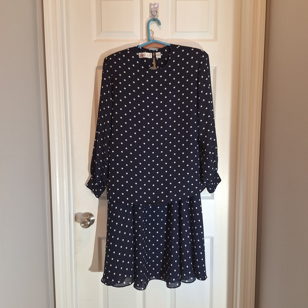 Chaus Vintage Sheer Navy and White Polka Dot Blouse And Adjustable Waist Skirt